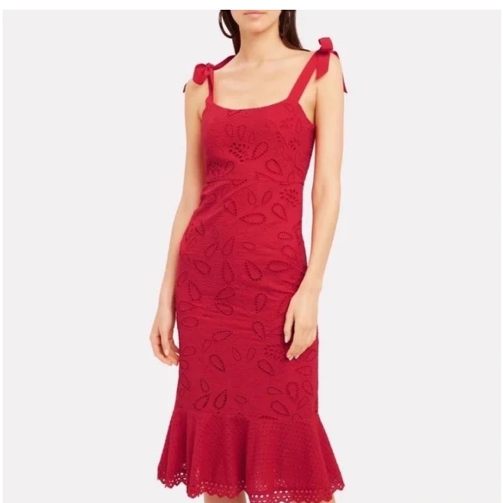 Saloni Rosie Red Broderie Midi Dress Eyelet Flounce Tie Shoulder size 2